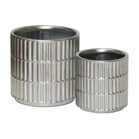 URBAN TRENDS COLLECTION Ceramic Cylindrical Pot with Wide Mouth  Engraved Rectangle Design Body Silver Set of 2 45911